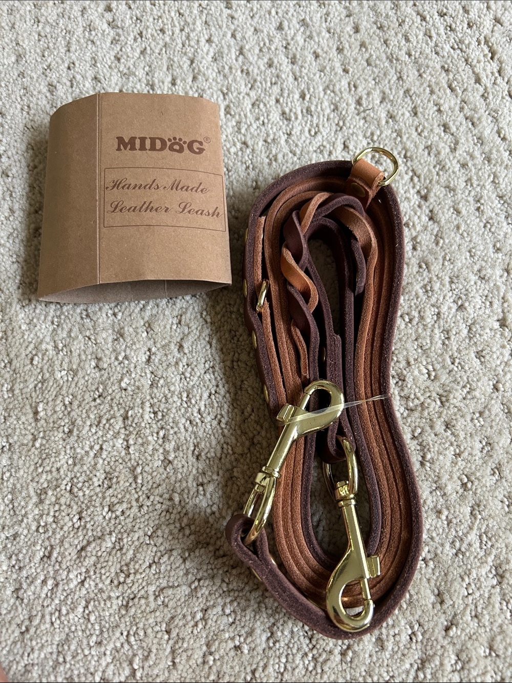 NEW!  MIDog Brown Leather Double-Clip Dog Leash with Brass Hardware